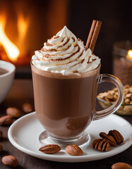  hot chocolate drink with whipped cream and nuts on the table, hot cocoa drink