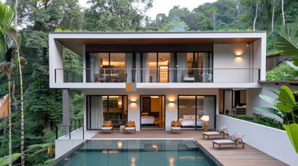 Accommodation at hotel resort by lush jungle for healing vacation