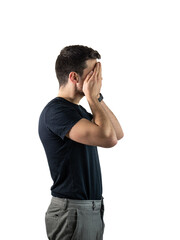 Attractive young man covering eyes with his hands in studio shot. Secret concept. Isolated on white