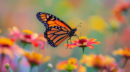 Fototapeta premium Monarch Butterfly, a monarch butterfly with beautiful orange and black wings, perched on a colorful flower, Ai generated Images
