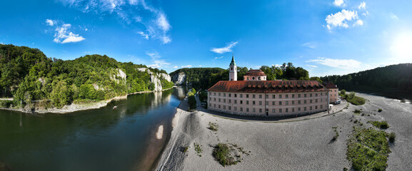 Aerial view of Weltenburg Monastery, Benedictine Abbey, on the Danube, Kelheim, Bavaria, Germany