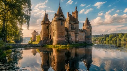Fototapeta premium A historic castle surrounded by a moat, a picturesque photo with a subtle pastel background.