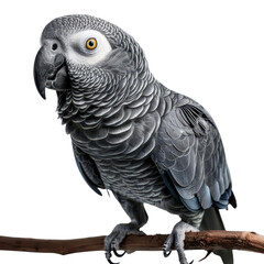 Obraz premium Close-up of a majestic African Grey Parrot perched on a branch, showcasing its intricate feather patterns and piercing yellow eyes.