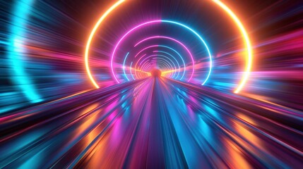 Sci-Fy neon glowing rays in a dark corridor. Reflections on the floor and walls.