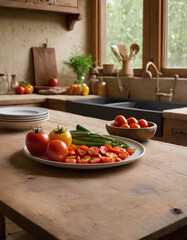 Aplate with a vibrant, colorful medley of farm-fresh vegetables, cinematic photograph of a rustic, wooden table set against a warm, earthy backdrop.