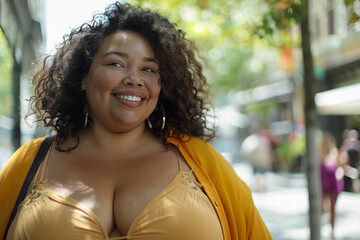 Created with generative AI image of an african american plus size bodypositive woman in city