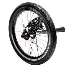 High-quality black bicycle wheel with spokes isolated on white background, perfect for cycling-related content or design projects.