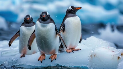Obraz premium Photo of penguins in their natural habitat on the icy surface of Antarctica.