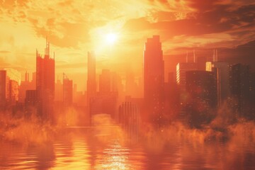 Rising global temperatures causing heat waves. Shimmering heat haze lighting. Urban heat islands and cooling centers background.  