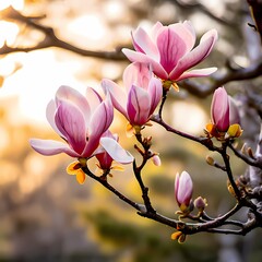 Magnolia tree in full bloom bathed in the soft glow of early spring, AI Generated