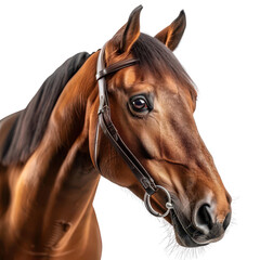 Close-up image of a majestic brown horse. The photo captures the beauty and strength of the animal in great detail.