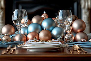 Elegant dinner table setting featuring wine glasses, plates, and festive Christmas decorations.