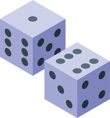 Two purple dice are rolling showing different numbers on each cube
