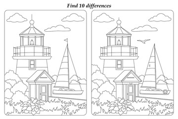 Obraz premium Find 10 differences. Coloring. Lighthouse and sailboat. Vector image.