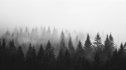 Abstract minimalistic nature background with a foggy forest silhouette against a grey sky.