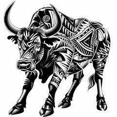 black and white illustration of bufallo with fully tribal style illustration
