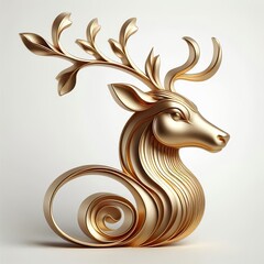 A three-dimensional, Gold stylized of beautiful reindeer head with Eyebrow raised
