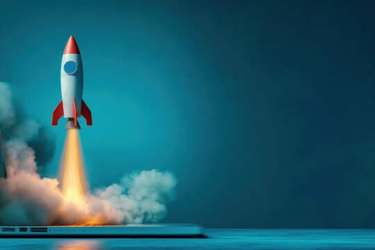 A photo of a rocket taking off from a laptop screen against a blue background. Space travel concept.