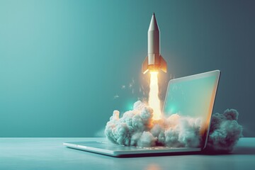 A photo of a rocket taking off from a laptop screen against a blue background. Space travel concept.