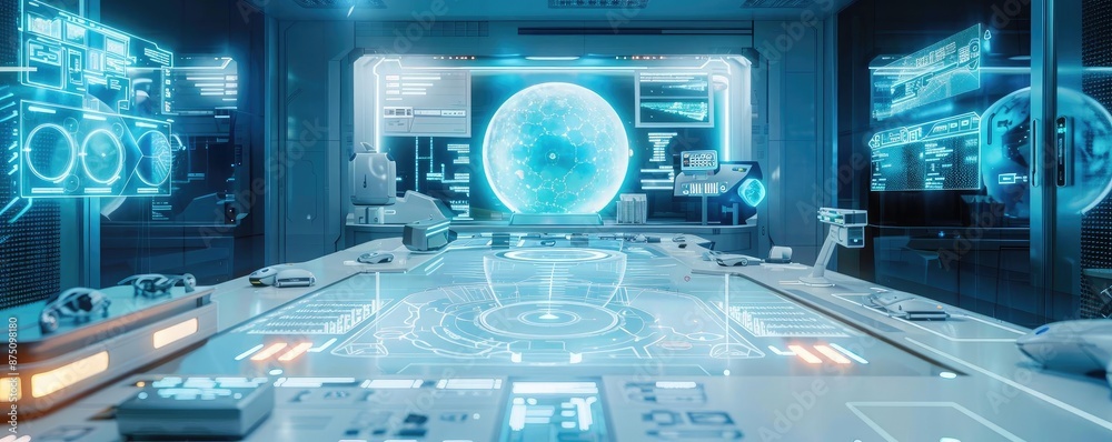 Aufkleber Futuristic high-tech control room with holographic displays and interfaces showcasing advanced technology and data visualization.