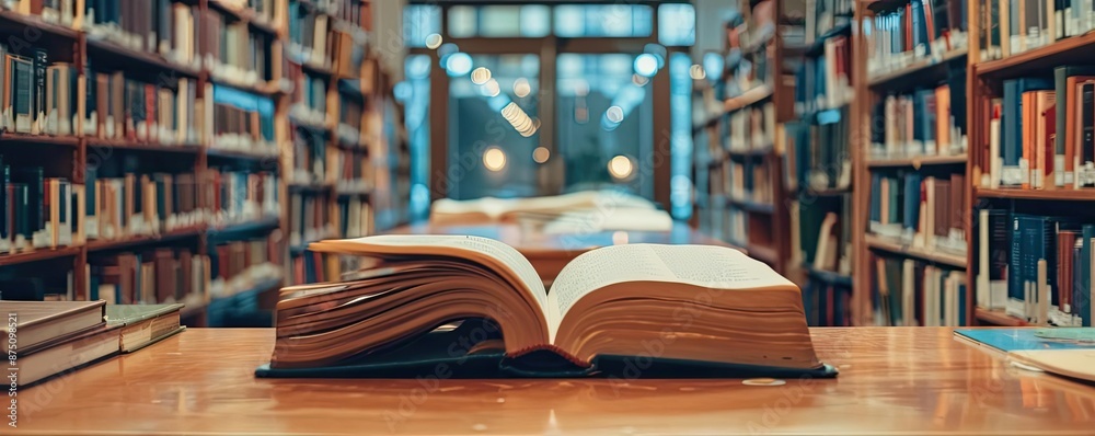 Leinwandbilder an open book on a wooden table in a quiet library filled with shelves of books, creating a cozy and 