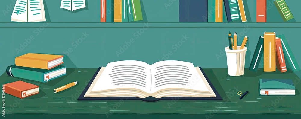 Poster illustration of an open book on a desk with various books and stationery, capturing a cozy study or 