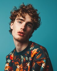A portrait of a handsome young male model wearing an autumn-themed sweatshirt against a blue background