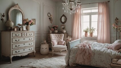 Soft and feminine interior design ideas, shabby chic bedroom with daylight, white and pastel...