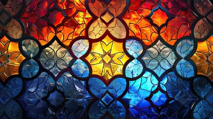 A colorful stained glass window with blue, red, and yellow designs