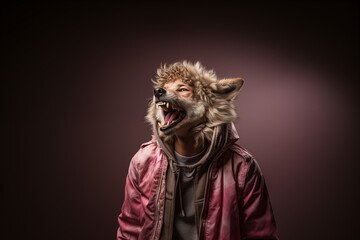 A man dressed as a Warewolf for Halloween standing in front of a white isolated background