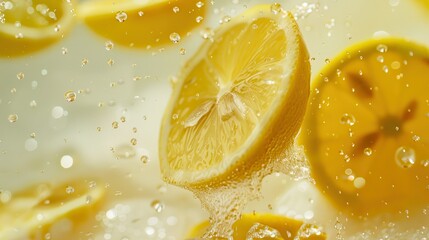 Lemon slices falling in the air, water droplets floating around, light cream background, splash