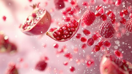 Fototapeta premium Slices of pomegranate and raspberry falling on a light red background with delicate light effects, intense and elegant look, splash