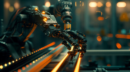 A robotic arm performing precise maintenance on industrial equipment, glowing LEDs indicating activity, right third copy space