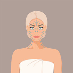 Beautiful young girl, blonde womantaking care of her facial skin. Woman's face with massage lines indicated by arrows, gua sha. Vector flat cartoon illustration EPS10