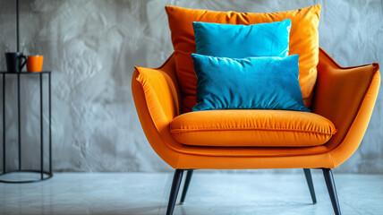 Orange chair with bright blue pillows against a gray wall.