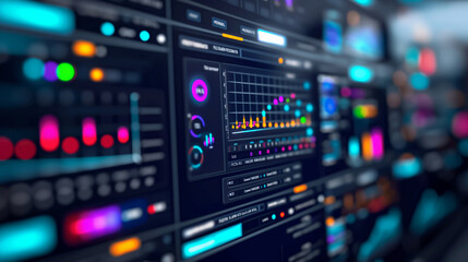Close-up of a digital dashboard showing predictive maintenance alerts and data, vibrant colors and clear metrics, left third copy space