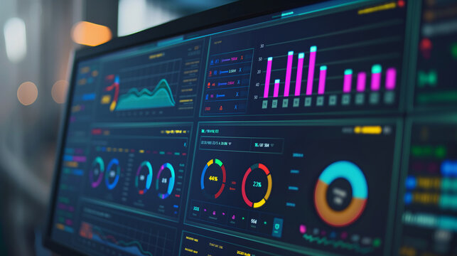 Close-up of a digital dashboard showing predictive maintenance alerts and data, vibrant colors and clear metrics, left third copy space
