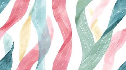 Fototapeta premium Colorful abstract watercolor painting with wavy patterns in shades of pink, blue, green, and yellow. Vibrant and artistic background.
