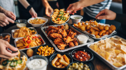 Obraz premium A group of people are gathered around a table with a variety of food