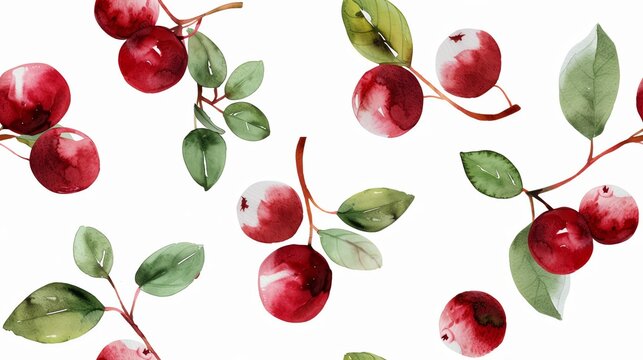 Vibrant watercolor pattern of hand-drawn cranberries in a seamless design