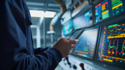 Technician monitoring real-time fault detection alerts on a tablet, focused expression and detailed graphics, upper third copy space