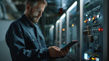 Technician monitoring real-time fault detection alerts on a tablet, focused expression and detailed graphics, upper third copy space