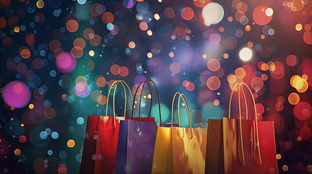 A vibrant banner featuring shopping bags against a dark background illuminated by bokeh lights, evoking a festive celebration and highlighting a special package sale
