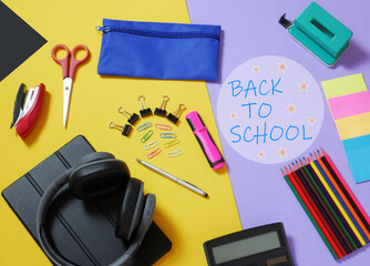 Zenith view. Back to school, supplies, various accessories in full color.