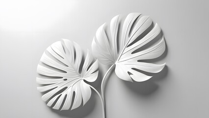 White monstera leaves on a white background.