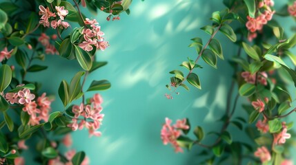 Spring boho background with floral garlands and fresh greenery, adding positive energy to any room. Delicate flowers and green leaves on a light wall