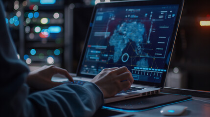 Technician performing remote diagnostics using AI tools on a laptop, bright screen and focused work, upper third copy space