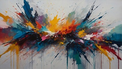An abstract painting with a mix of textured brushstrokes, splatters, and overlapping layers of muted and bright hues, evoking a sense of spontaneity and artistic expression