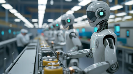 Fototapeta premium Cobots working alongside human workers in an industrial setting, seamless interaction and efficiency, right third copy space