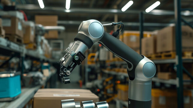 Cobots working alongside human workers in an industrial setting, seamless interaction and efficiency, right third copy space